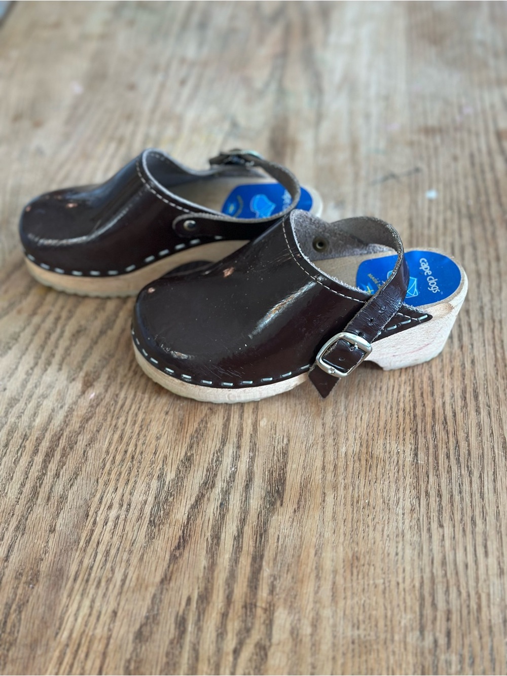 Girls Brown Patent Leather Clog Shoes with Buckle Strap